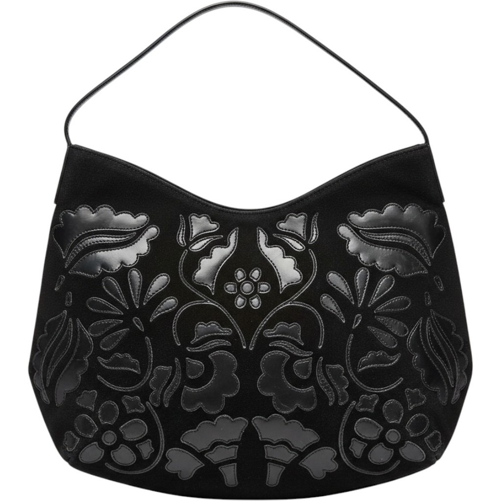 Antonio Melani Black Suede Floral Leather Applique Hobo Shoulder Bag